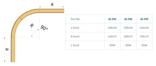 Łuk szyny nośnej 90° NIKO 24.C06, promień 580±15 mm, odcinki proste 550±20 mm, ocynk