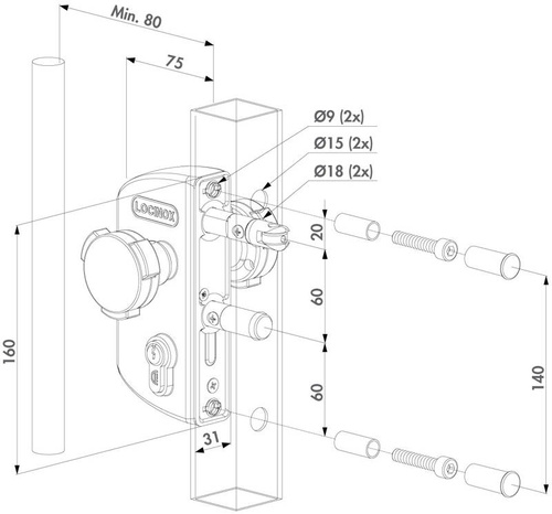 Zamek basenowy Locinox LAKZ P1 WSI na profil kwadratowy 40 mm