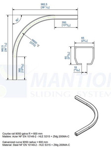 Łuk szyny nośnej 90° MANTION HERCULE 9050C, promień 600 mm, odcinki proste 350 mm, ocynk