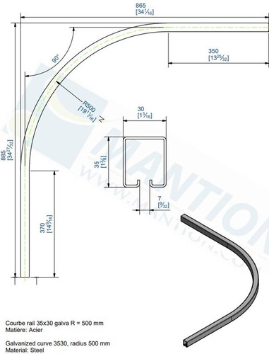 Łuk szyny nośnej 90° MANTION SPORTUB 3530C, promień 500 mm, odcinki proste 350 + 370 mm, ocynk