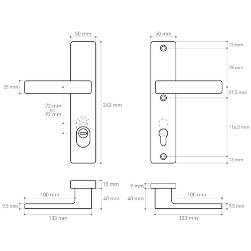 Klamka drzwiowa antywłamaniowa w klasie 3 Metal-Bud ATLAS 72 mm