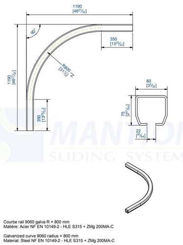 Łuk szyny nośnej 90° MANTION HERCULE 9060C, promień 800 mm, odcinki proste 350 mm, ocynk
