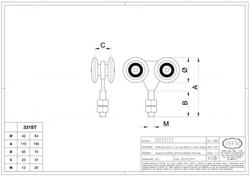 Wózek 4-kołowy IBFM do szyny 42x54 mm, łożyska zamknięte, typ 331ST