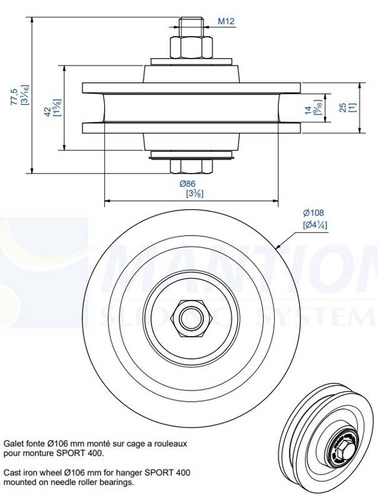 Żeliwne koło MANTION 1004 Ø108 mm, łożysko igiełkowe