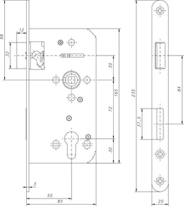 Zamek wpuszczany, przeciwpożarowy LOB Z755BF, inox
