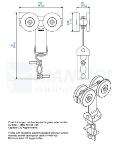 Prowadzący wózek 4-kołowy z mocowaniem wahliwym do kabli okrągłych MANTION 2452R, koła nylonowe