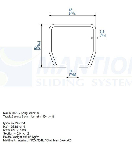 Szyna nośna MANTION HERCULE 9050XA2, stal nierdzewna AISI 304