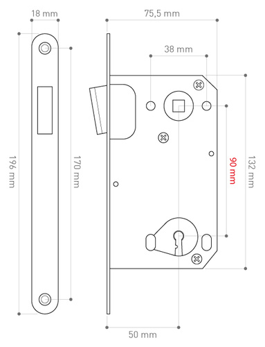 Zamek wpuszczany magnetyczny METAL-BUD 90/50, typ portugalski