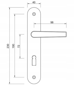 Klamka drzwiowa na długim szyldzie, klucz piórowy LOB MKS