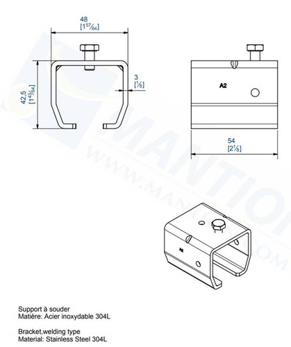 Uchwyt sufitowy do wspawania MANTION 9038XA2, stal nierdzewna AISI 304