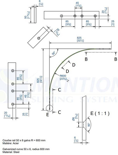 Łuk szyny płaskownikowej 90° MANTION 1751, promień 600 mm, odcinki proste 200 mm, ocynk