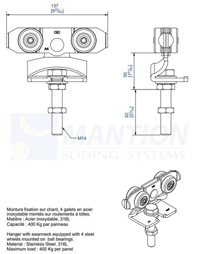 Wózek 4-kołowy MANTION 9242XSA4, stal kwasoodporna AISI 316