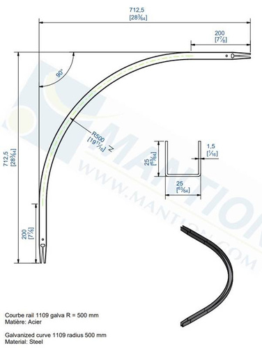 Dolny łuk 90° MANTION 1109C, promień 500 mm, odcinki proste 200 mm, ocynk