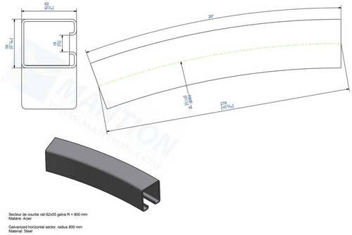 Sektor łuku szyny nośnej MANTION SPORTUB 6255CS, promień 800 mm, kąt 20°, 278 mm, ocynk