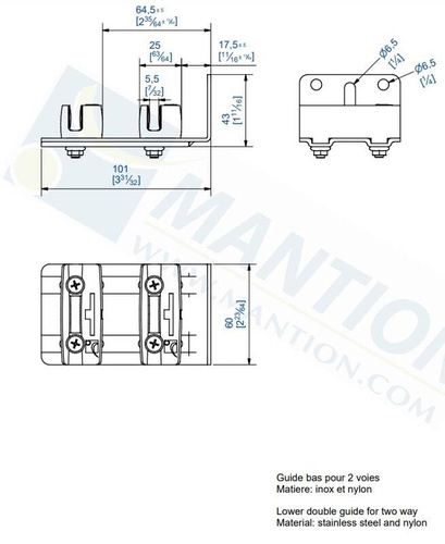 Podwójny regulowany prowadnik dolny MANTION 1128DGU, stal nierdzewna AISI 304