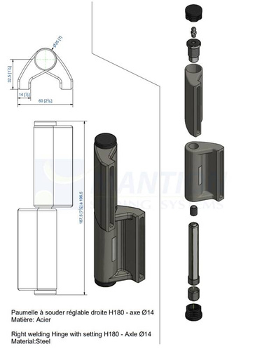 Prawy zawias do wspawania MANTION 1514GJSOR, Ø14 mm, stal czarna