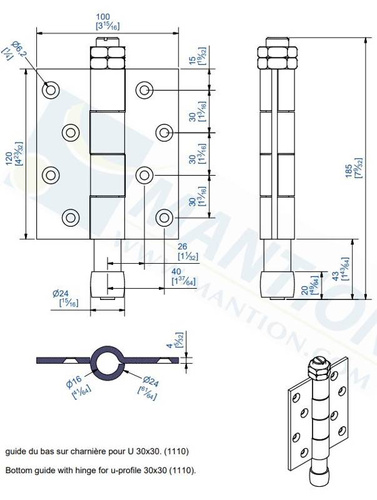 Prowadnik dolny z zawiasem MANTION 1108, ocynk