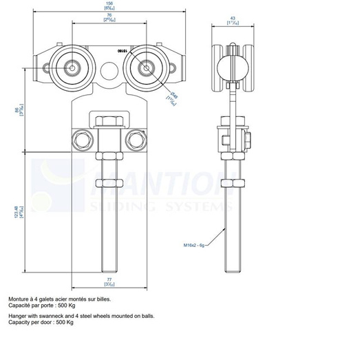 Wózek 4-kołowy z przedłużonym trzpieniem MANTION 9255L, ocynk