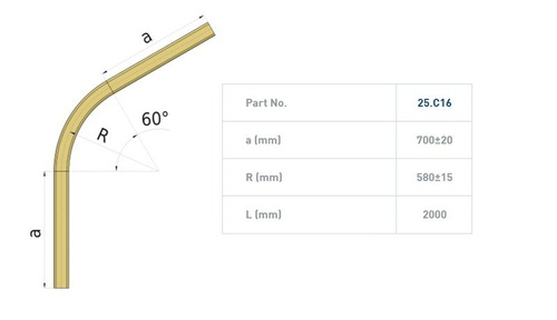 Łuk szyny nośnej 60° NIKO 75.C16, promień 580±15 mm, odcinki proste 700±20 mm, stal kwasoodporna AISI 316
