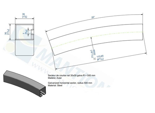 Sektor łuku szyny nośnej MANTION SPORTUB 3530CS, promień 500 mm, kąt 20°, 173 mm, ocynk