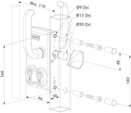 Zamek z dwiema wkładkami do bram przesuwnych Locinox LGKZ D1 na profil kwadratowy 120 mm