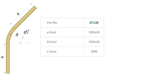 Łuk szyny nośnej 45° NIKO 27.C30, promień 1035±20 mm, odcinki proste 1090±20 mm, ocynk