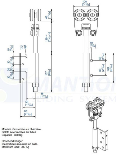 Wózek 4-kołowy z zawiasem MANTION 9552E, ocynk