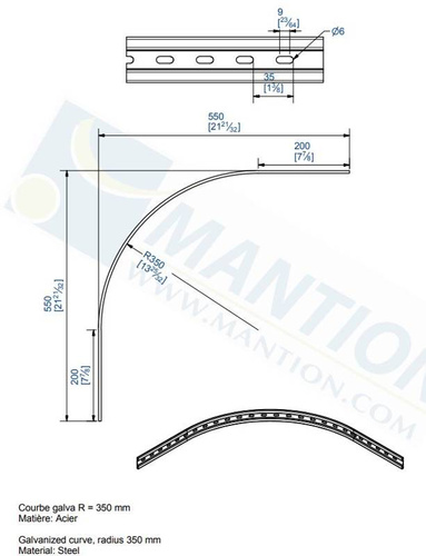 Łuk szyny płaskownikowej 90° MANTION 1721, promień 350 mm, odcinki proste 200 mm, ocynk