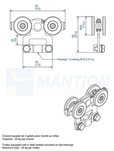 Wózek 4-kołowy do haków MANTION 2832, ocynk