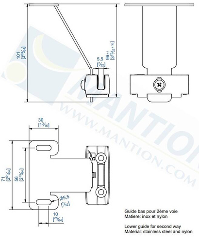 Prowadnik dolny z ramieniem MANTION 1129D, stal nierdzewna AISI 304