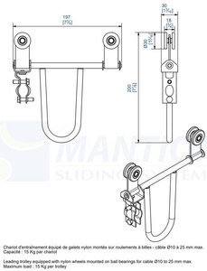 Prowadzący wózek 4-kołowy do kabli okrągłych MANTION 2433R, koła nylonowe