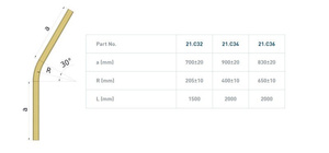 Łuk szyny nośnej 30° NIKO 71.C32, promień 205±10 mm, odcinki proste 700±20 mm, stal kwasoodporna AISI 316