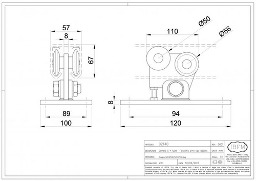 Wózek bramowy 4-kołowy IBFM typ 2140 do szyny 57x67 mm