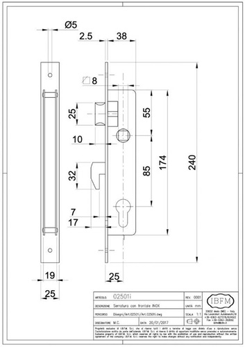 Zamek profilowy wąski IBFM typ 2501/I, zaczep hakowy, stal nierdzewna