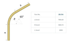 Łuk szyny nośnej 60° NIKO 55.C16, promień 580±15 mm, odcinki proste 700±20 mm, stal nierdzewna AISI 304