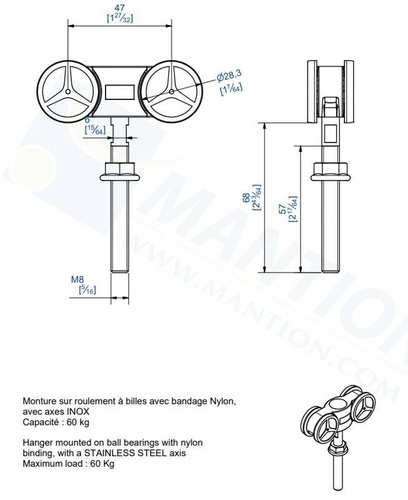 Wózek 4-kołowy z krótkim trzpieniem MANTION 11232HCX, koła nylonowe