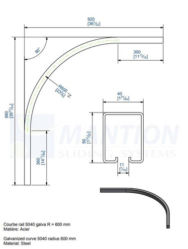 Łuk szyny nośnej 90° MANTION SPORTUB 5040C, promień 600 mm, odcinki proste 300 + 360 mm, ocynk