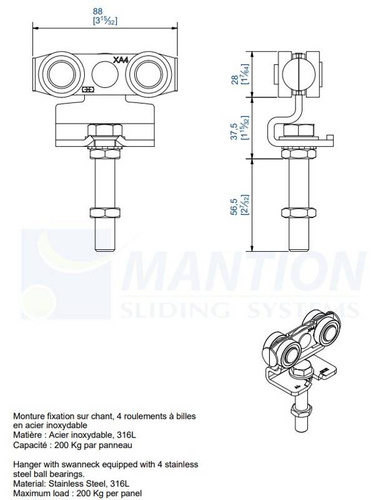 Wózek 4-kołowy MANTION 9232XSA4, stal kwasoodporna AISI 316