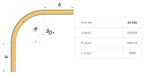 Łuk szyny nośnej 90° NIKO 25.C06, promień 580±15 mm, odcinki proste 550±20 mm, ocynk