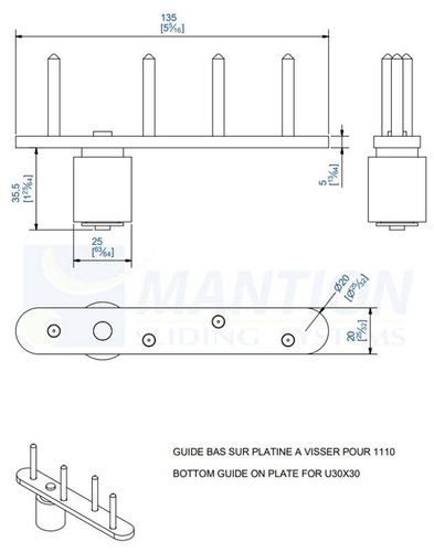Dolna płytka montażowa z prowadnikiem MANTION 1101FXA2, stal nierdzewna AISI 304