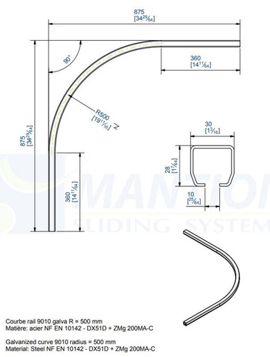 Łuk szyny nośnej 90° MANTION HERCULE 9010C, promień 500 mm, odcinki proste 360 mm, ocynk