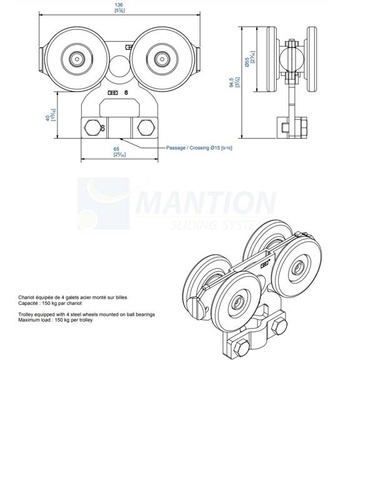 Wózek 4-kołowy do haków MANTION 2862A, ocynk