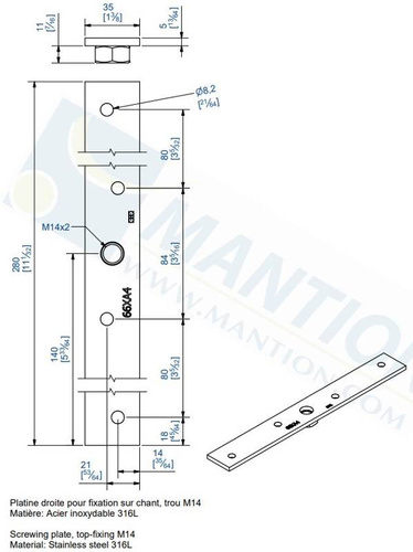 Płytka montażowa do skrzydeł drewnianych MANTION 0066XA4, stal kwasoodporna AISI 316
