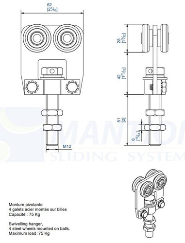 Wózek 4-kołowy z obrotową śrubą MANTION 9633, ocynk