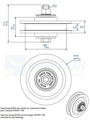 Żeliwne koło MANTION 1005 Ø108 mm, łożysko kulkowe