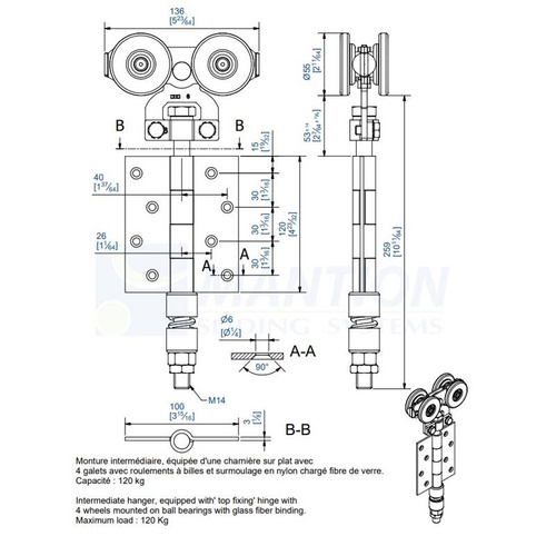 Wózek 4-kołowy z zawiasem MANTION 0362, ocynk