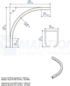Łuk szyny nośnej 90° MANTION HERCULE 9070C, promień 1000 mm, odcinki proste 300 mm, ocynk