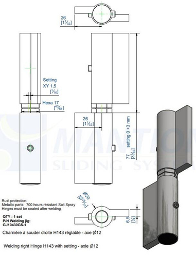 Zawias do wspawania MANTION 1512SOF3DD, Ø12 mm, stal czarna