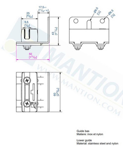 Regulowany prowadnik dolny MANTION 1128GU, stal nierdzewna AISI 304
