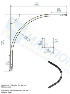 Dolny łuk 90° MANTION 1109C, promień 500 mm, odcinki proste 200 mm, ocynk